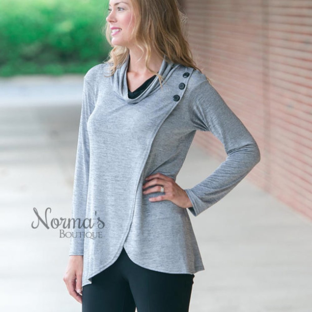 Joseph Ribkoff Grey Cowl Neck Tulip Hem Knit Top